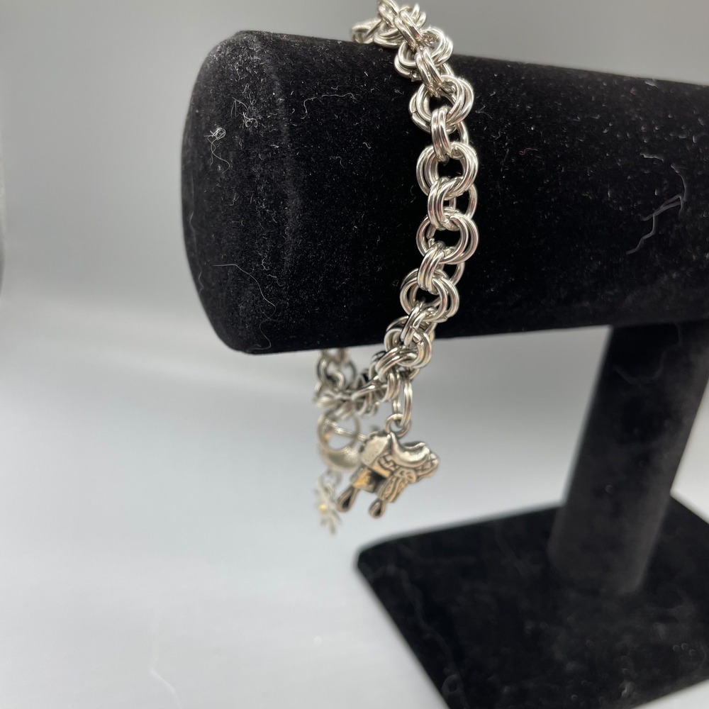 Western Silver Tone Charm Bracelet Saddle Heart Sunburst Double Link Chain 7.5in